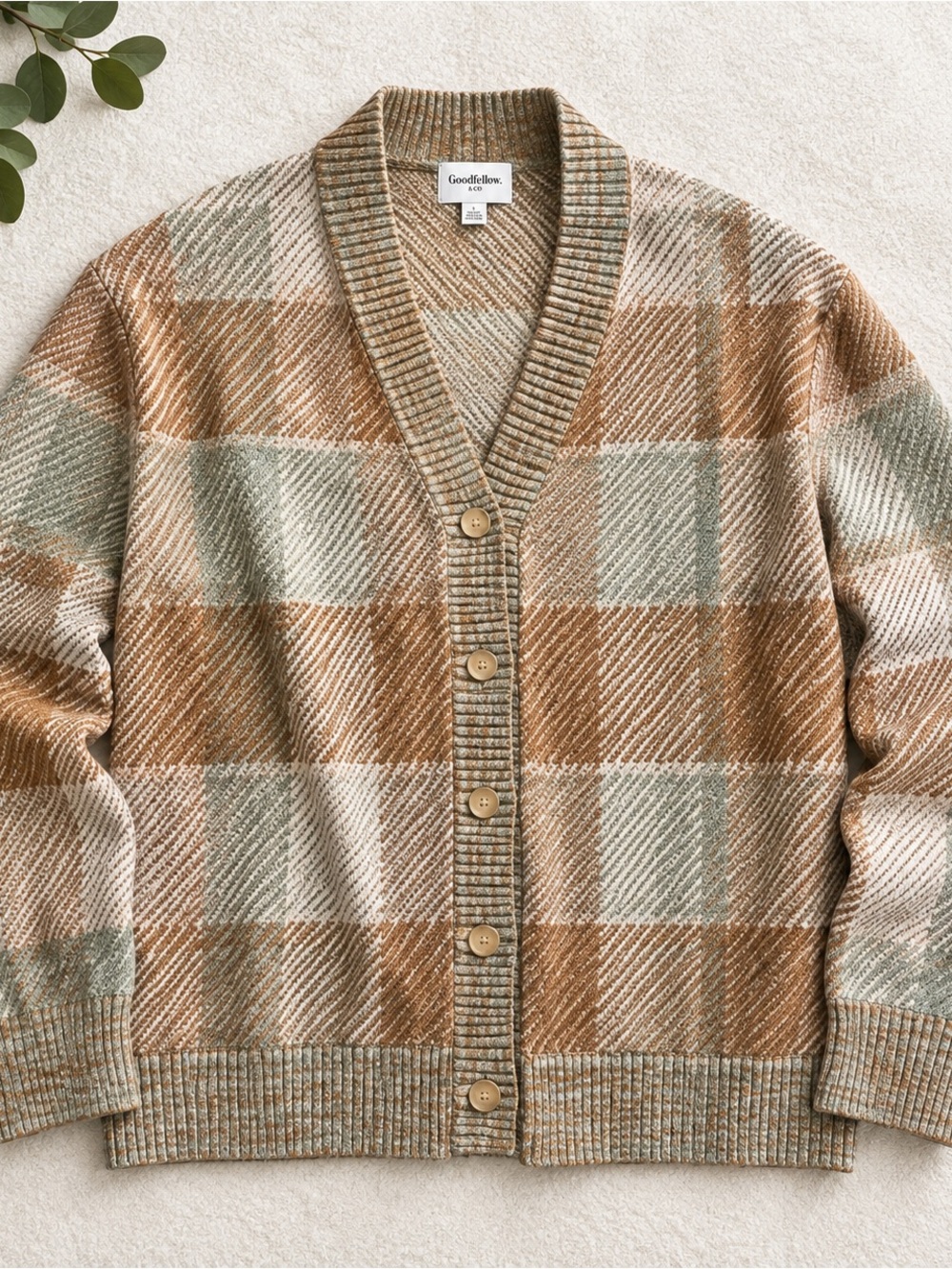 Goodfellow & Co Plaid Button-Front Cardigan in Tan, Cream & Sage